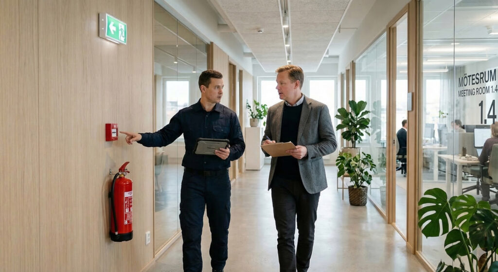 Två personer som går i en korridor och kollar brandsäkerheten